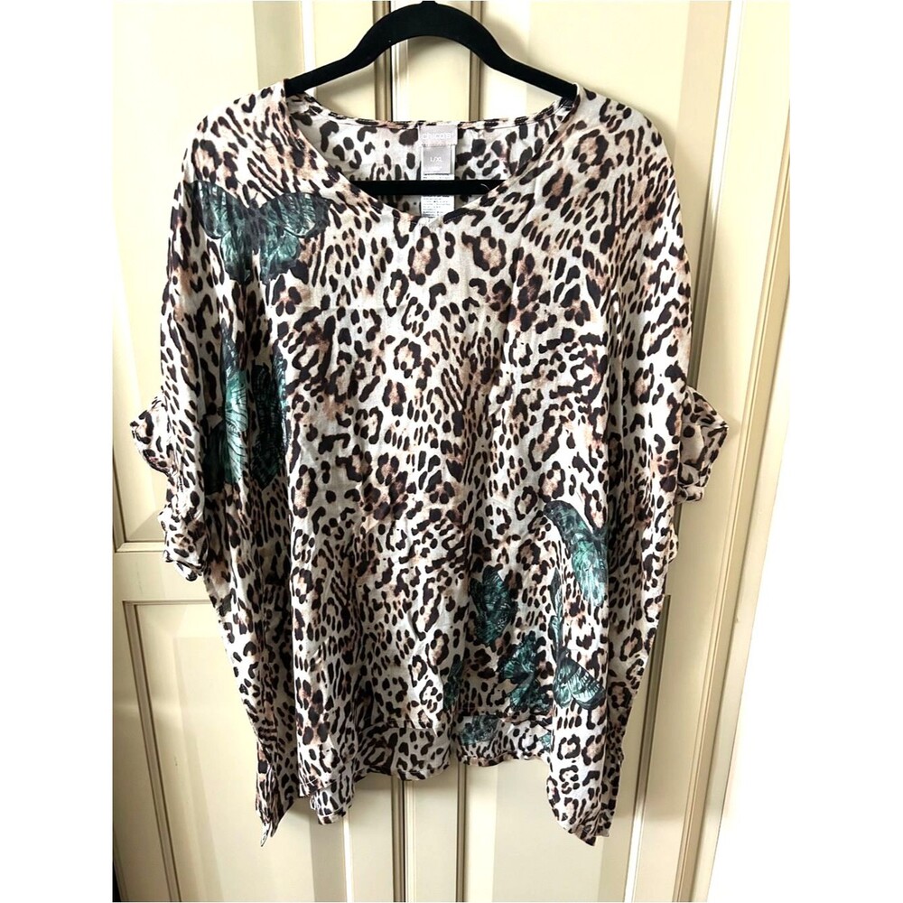 Chico's Beige and Brown Leopard Tunic with Green Butterfly Accents - NWT